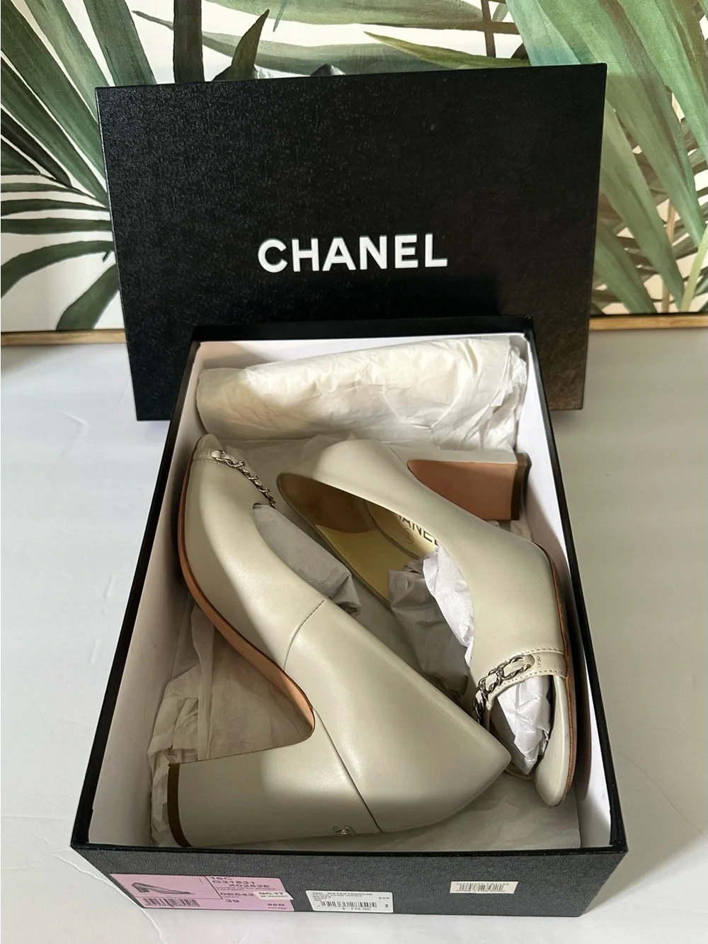 CHANEL Women's Peep-Toe Pumps with Chain Detail